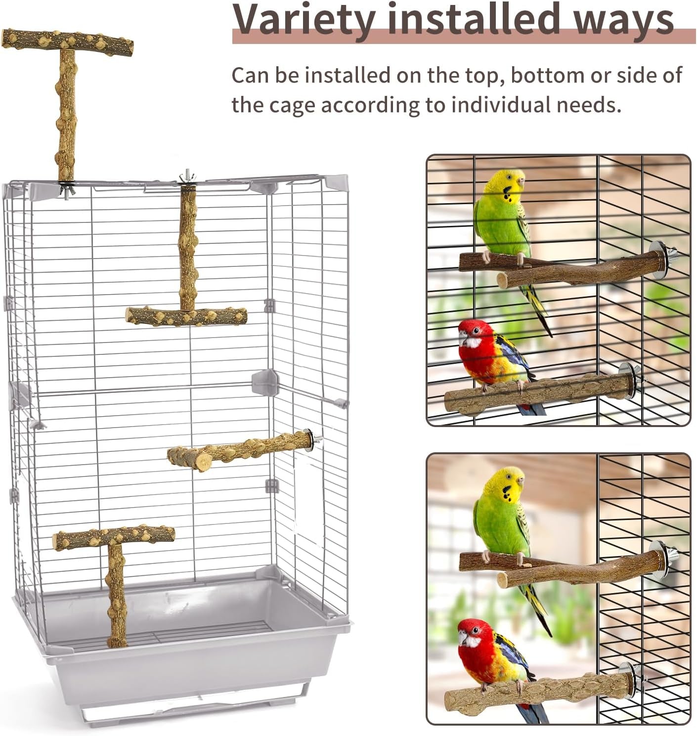 Natural wood bird perch set with T-shaped branches and platform for flexible cage placement