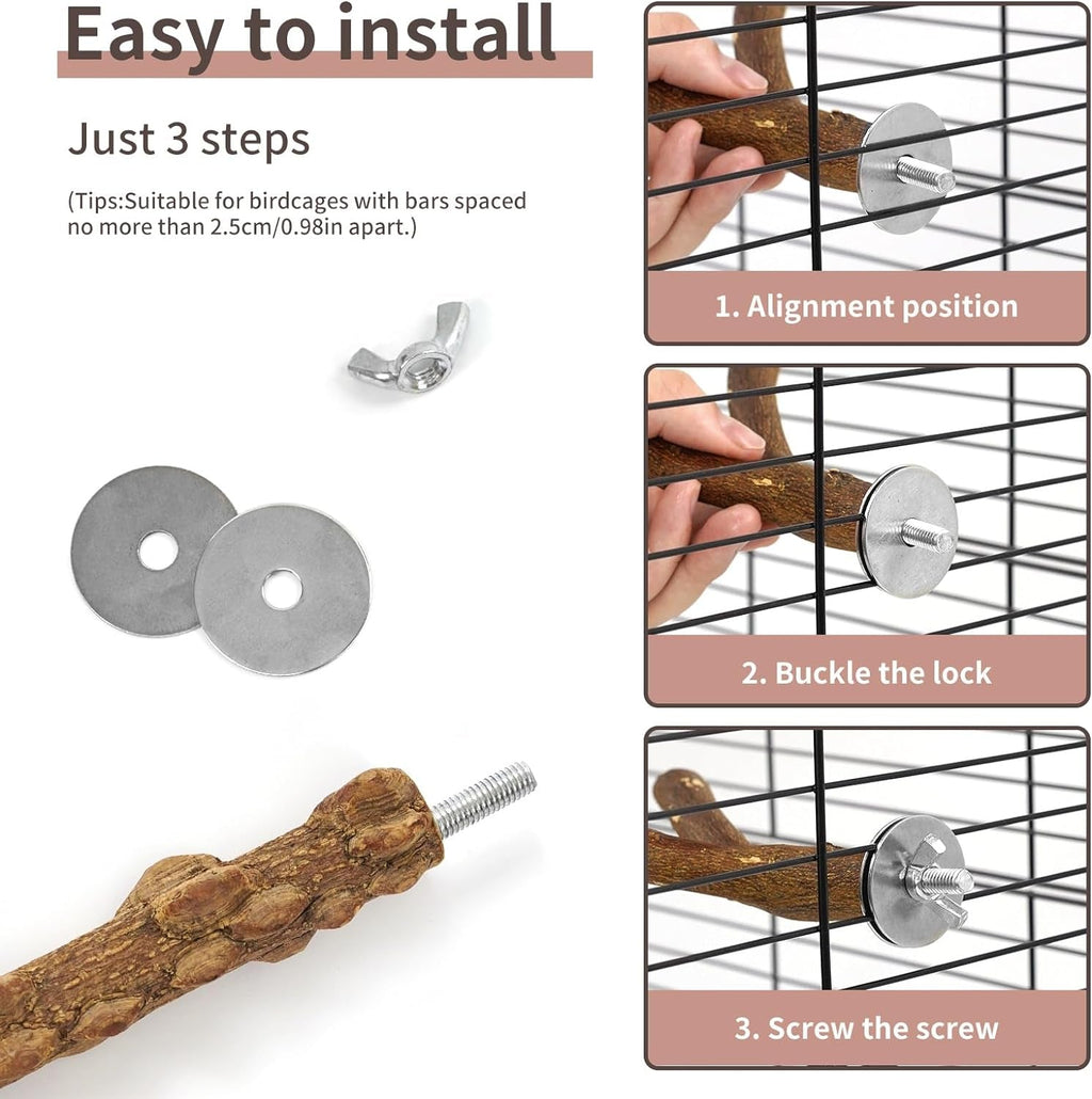 Natural wood bird perch set with screws and washers for easy cage installation