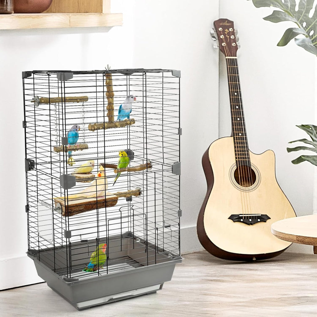 Natural wood bird perch set installed in a wire bird cage with multiple perches