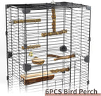 Natural wood 6-piece bird perch set arranged inside a wire bird cage