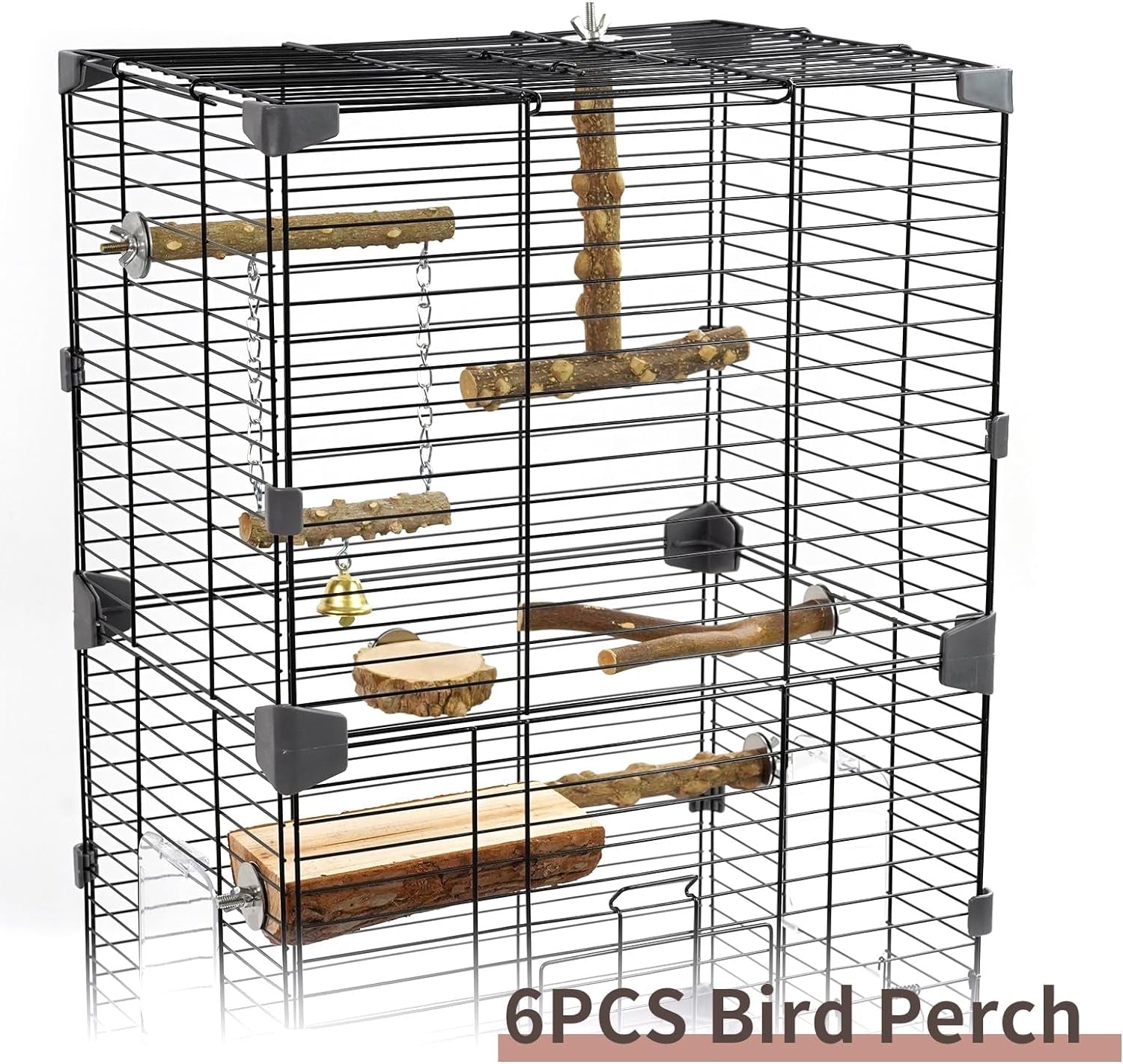 Natural wood 6-piece bird perch set arranged inside a wire bird cage