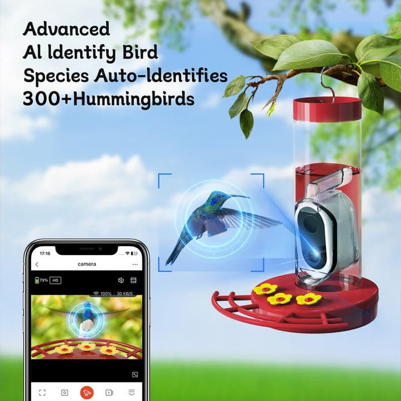 Red hummingbird feeder with solar camera and phone inset for bird AI identification