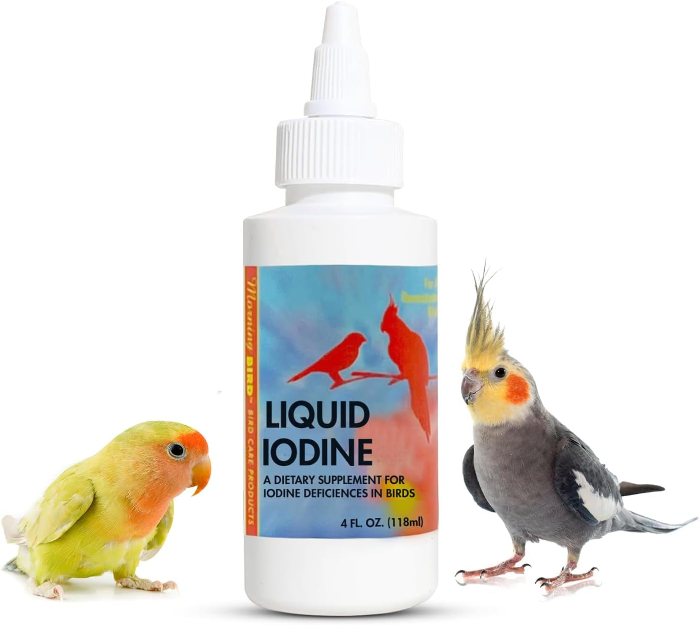 Liquid iodine supplement bottle with dropper tip, with a cockatiel and finch