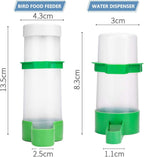 Pair of gravity-fed bird water and food dispensers, white tanks with green bases