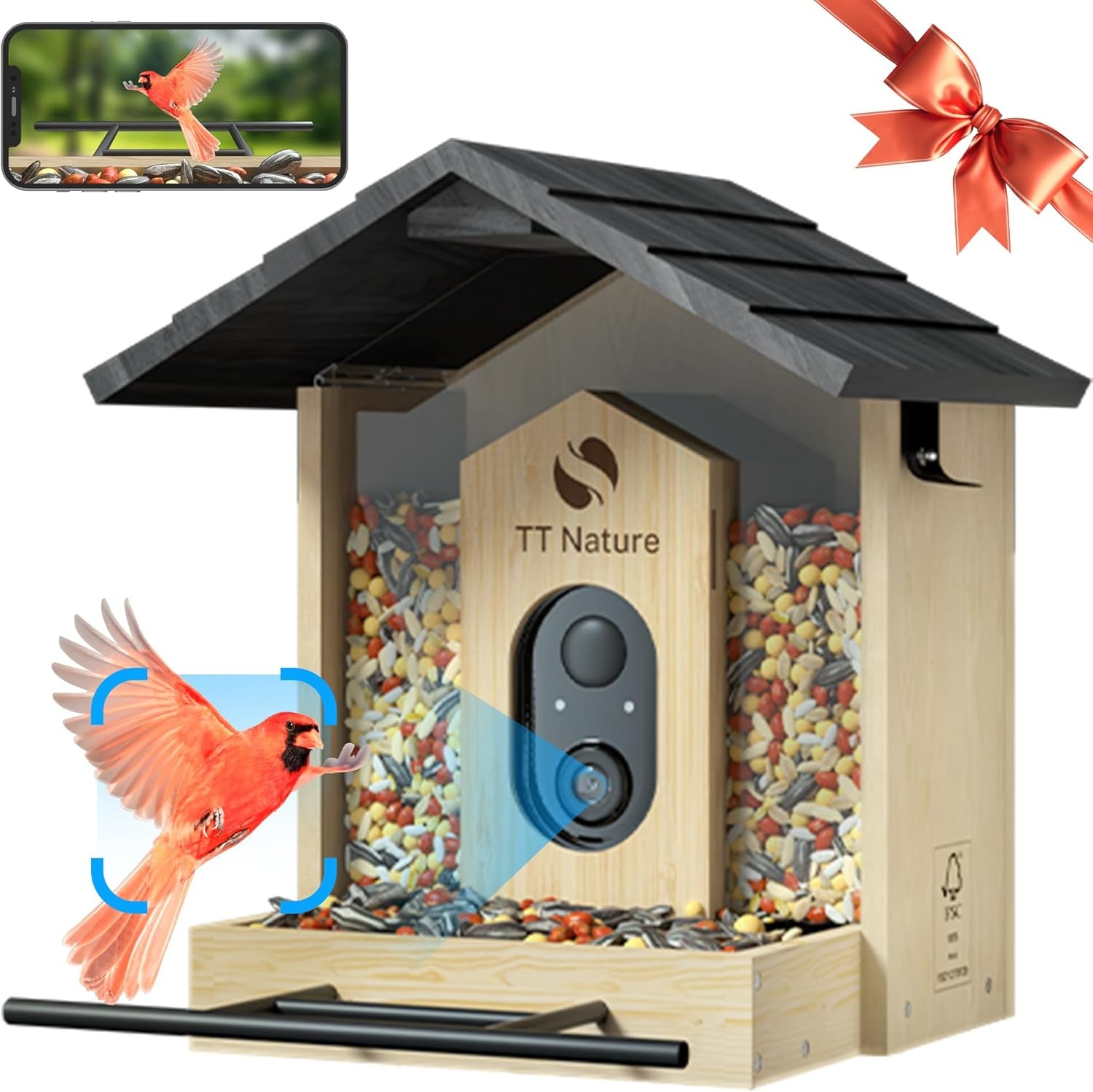 Outdoor wooden bird feeder camera with dark roof and front camera module