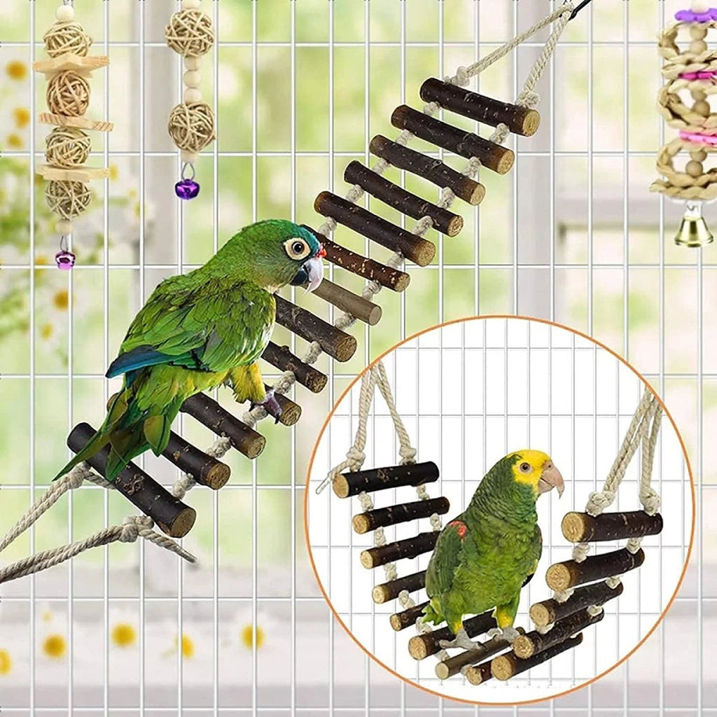 Bird ladder perch toy made of dark wood blocks with hanging chew accessories