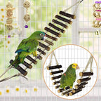 Bird ladder perch toy made of dark wood blocks with hanging chew accessories
