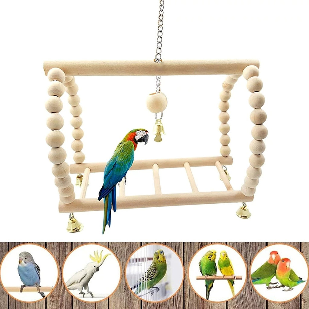 Natural wood bird swing with bead chain, bell charm, and hanging toy attachments