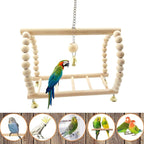Natural wood bird swing with bead chain, bell charm, and hanging toy attachments