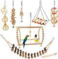 8-piece bird toy set with natural wood swing, ladder, hammock, and hanging chewing toys