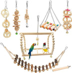 8-piece bird toy set with natural wood swing, ladder, hammock, and hanging chewing toys