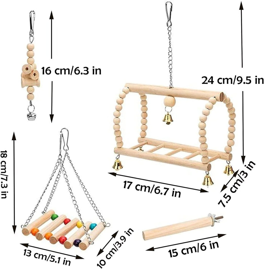 Natural wood hanging bird swing with bead chain and small bell charm