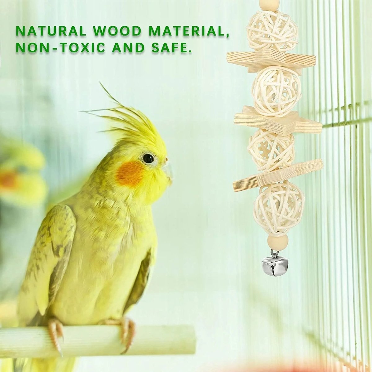 Hanging natural wood rope and chew toy with small metal bell for birds