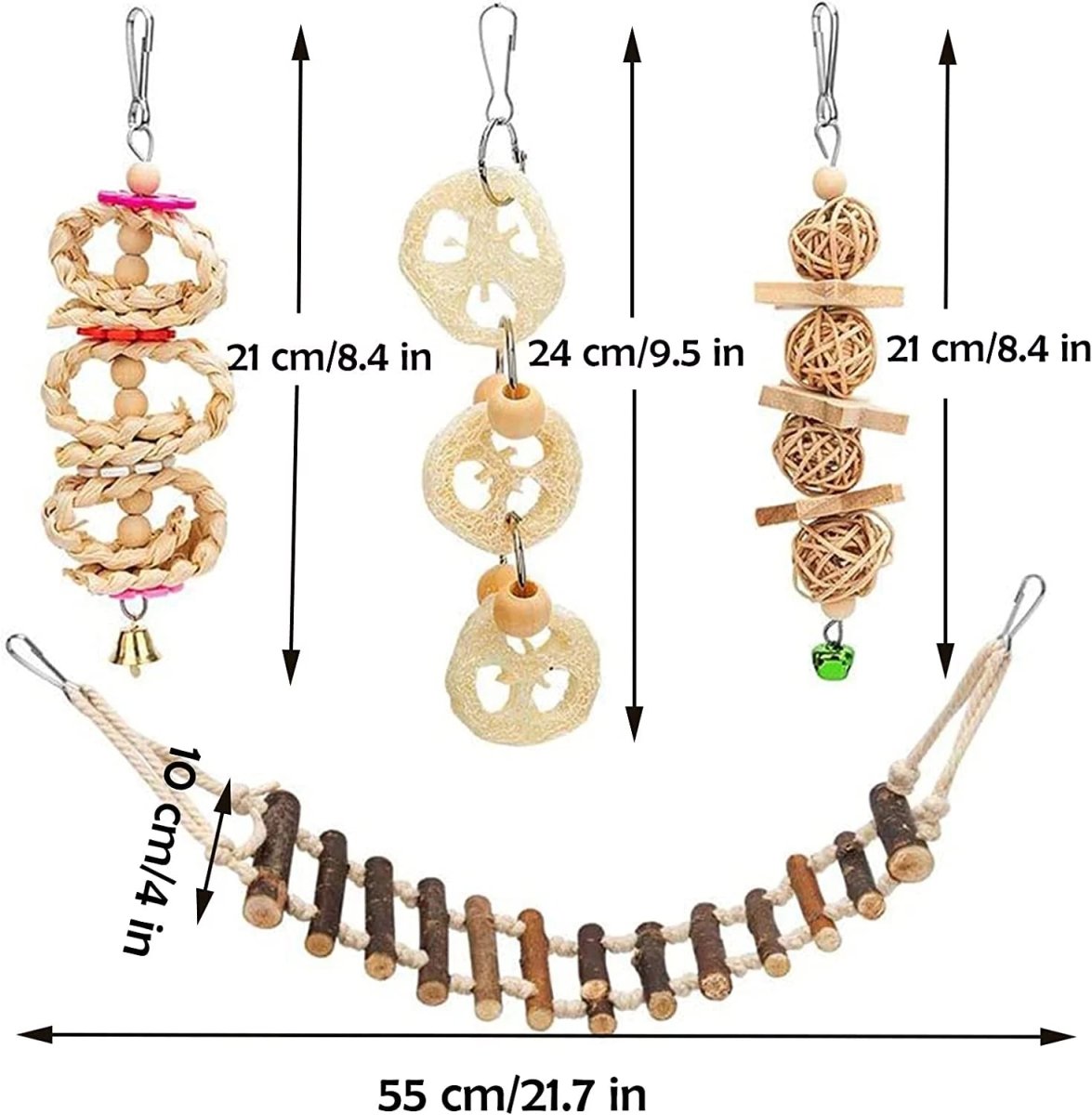 Natural wood hanging bird toy set with round chew balls, ladder pieces, and bell