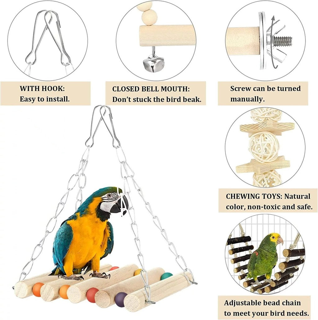 Natural wood bird swing with adjustable bead chain, bell, and hanging chewing toys