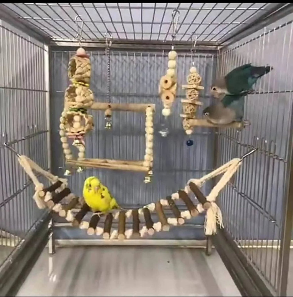 Birdcage setup featuring a hanging natural wood swing, ladder, and multiple chew toys