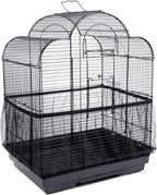 Bird cage guard skirt installed on wire birdcage, black mesh around base