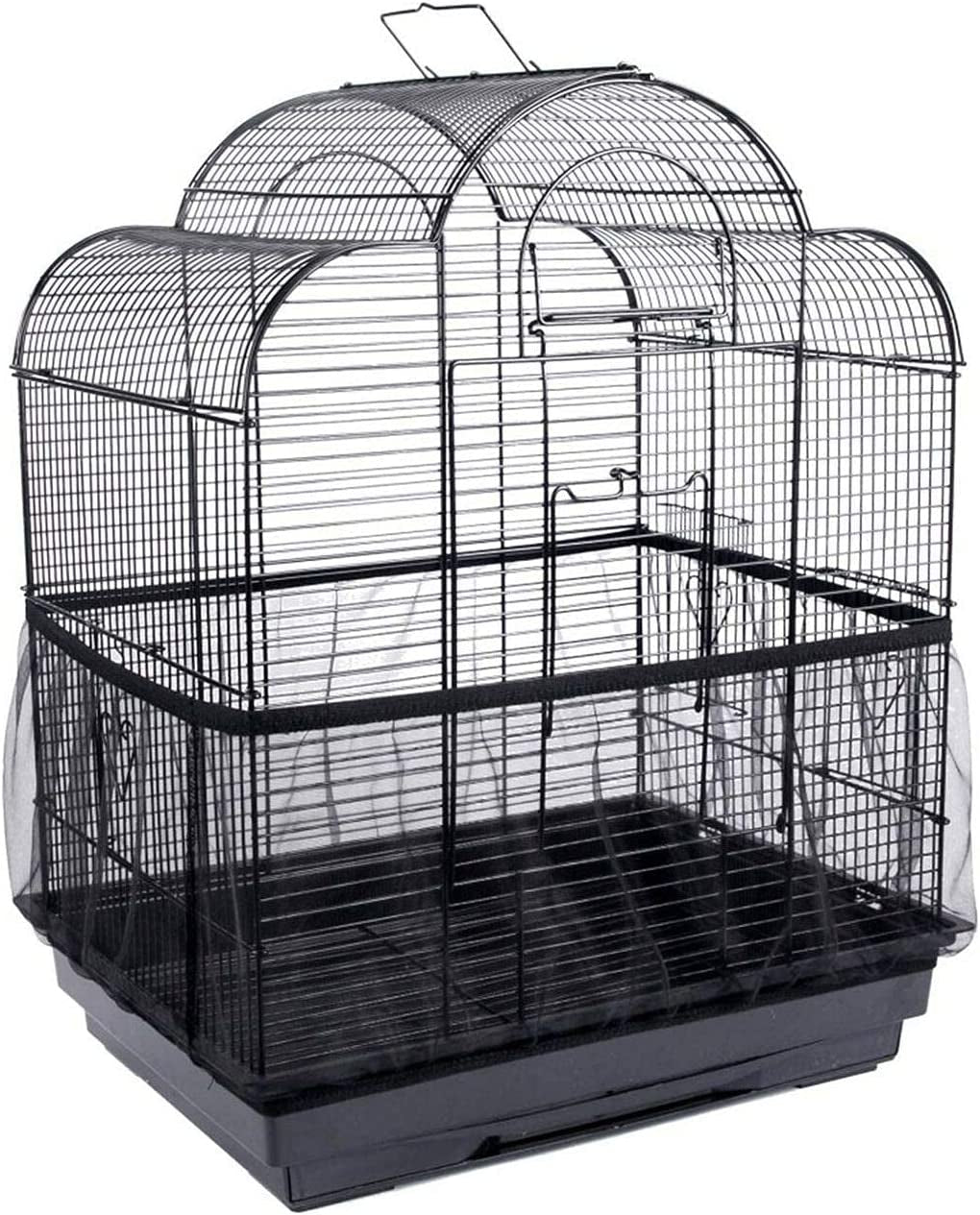 Bird cage guard skirt installed on wire birdcage, black mesh around base