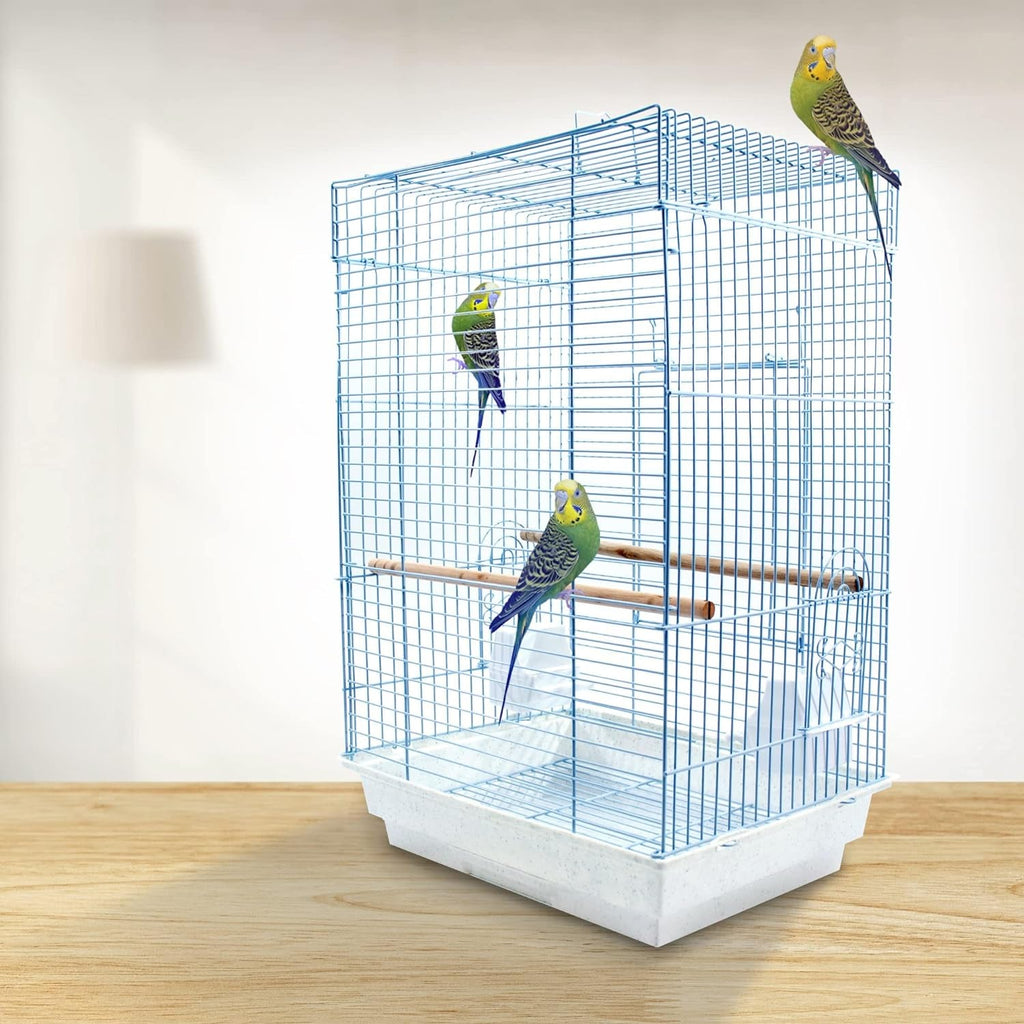 White wire bird cage with two perches and front door, standing on base tray