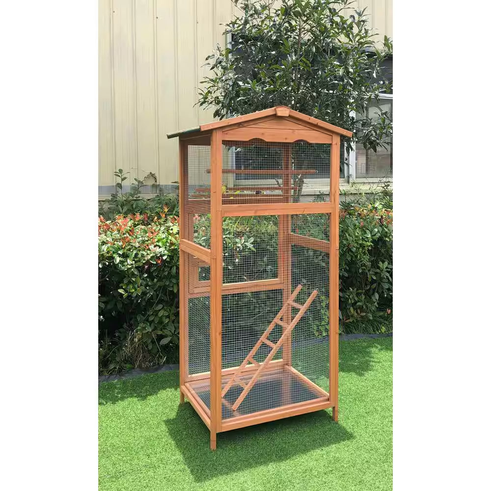 Wood outdoor bird aviary cage with arched roof, side ladder, and wire mesh walls