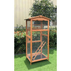 Wood outdoor bird aviary cage with arched roof, side ladder, and wire mesh walls