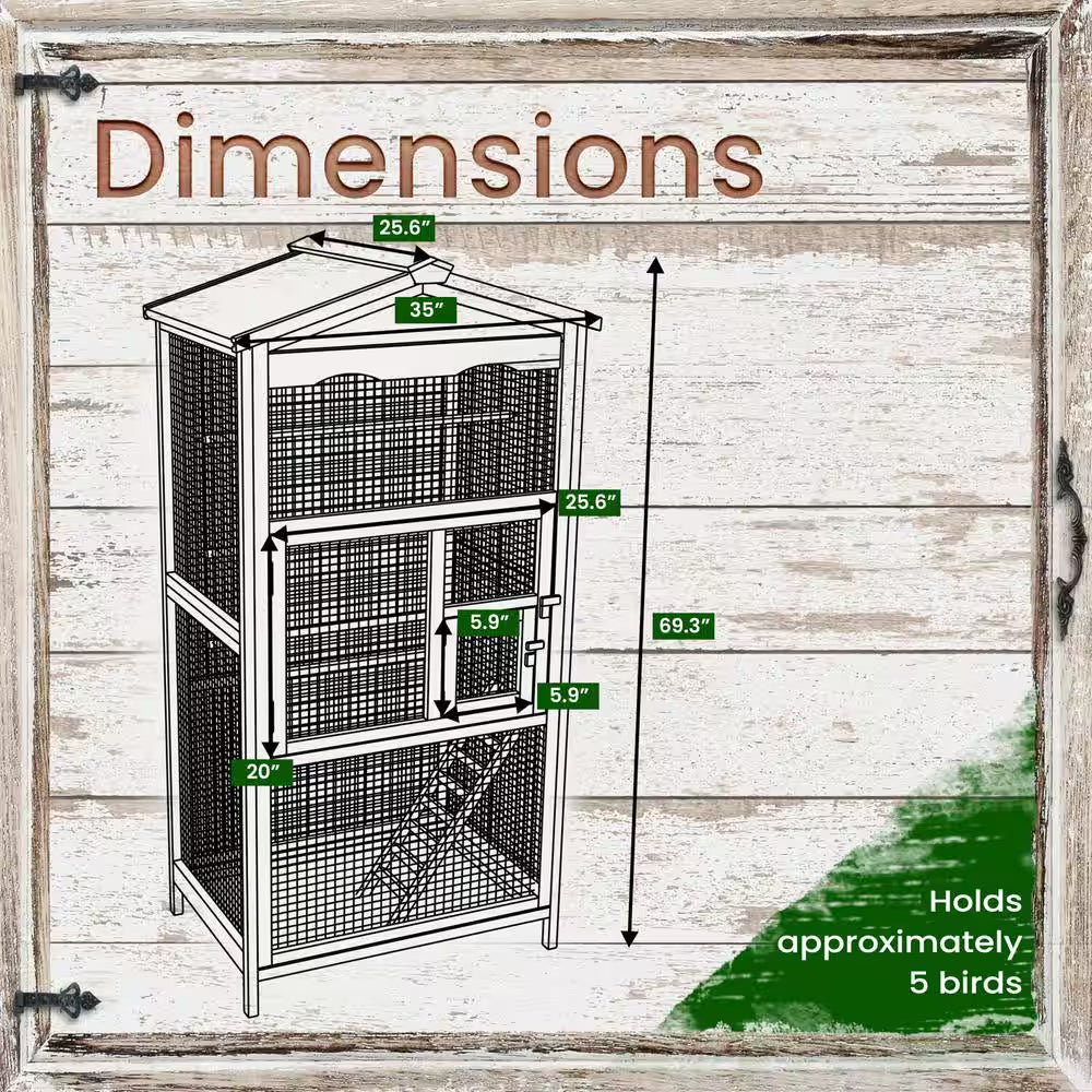 Wood outdoor bird aviary cage with protective roof and double access doors
