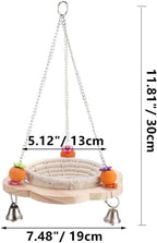 Beige bird nest swing hammock with bells and hanging chains; 19cm wide, 13cm deep