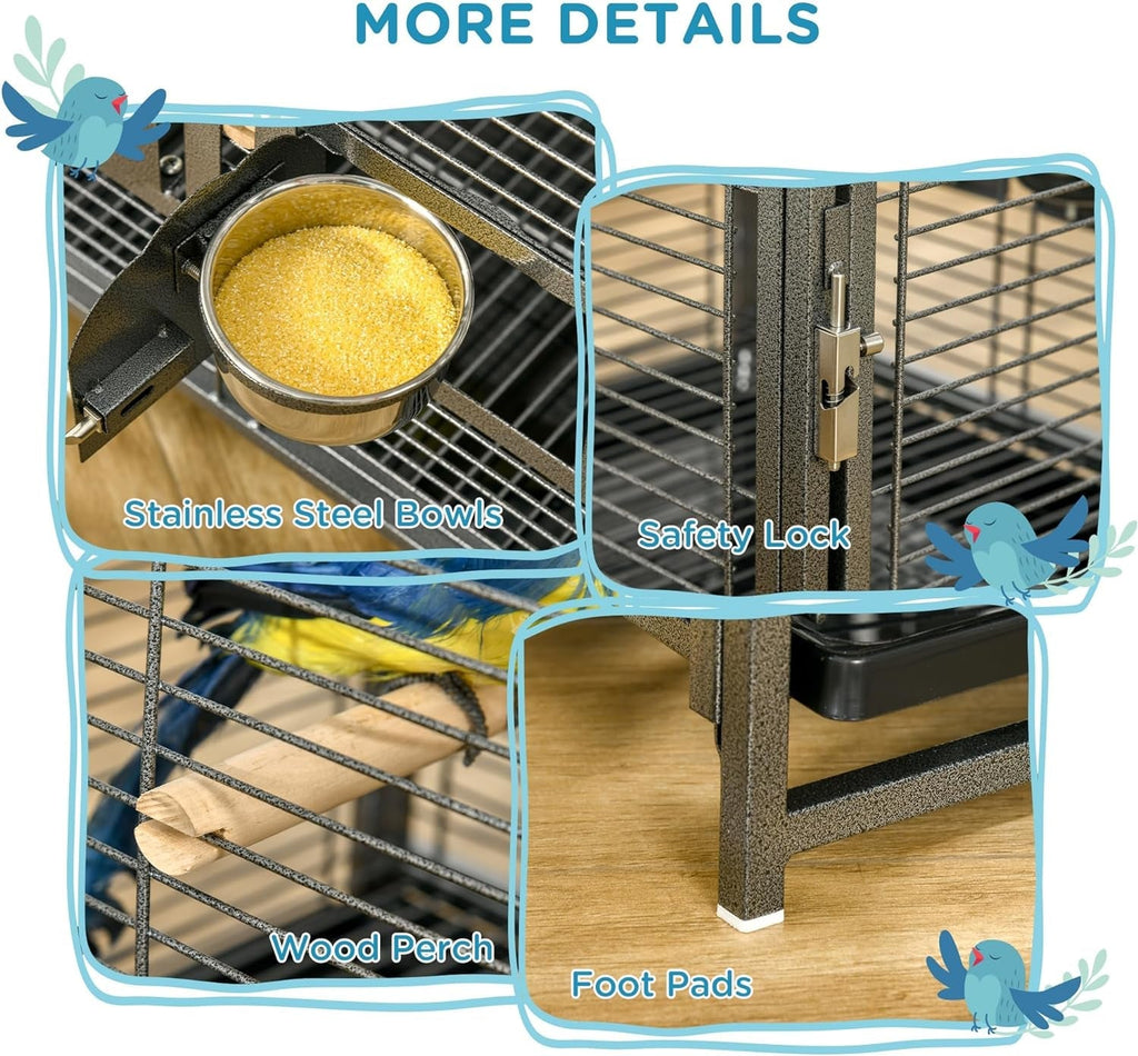 Black bird carrier featuring stainless steel bowls, wood perch, and safety lock