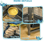 Black bird carrier featuring stainless steel bowls, wood perch, and safety lock