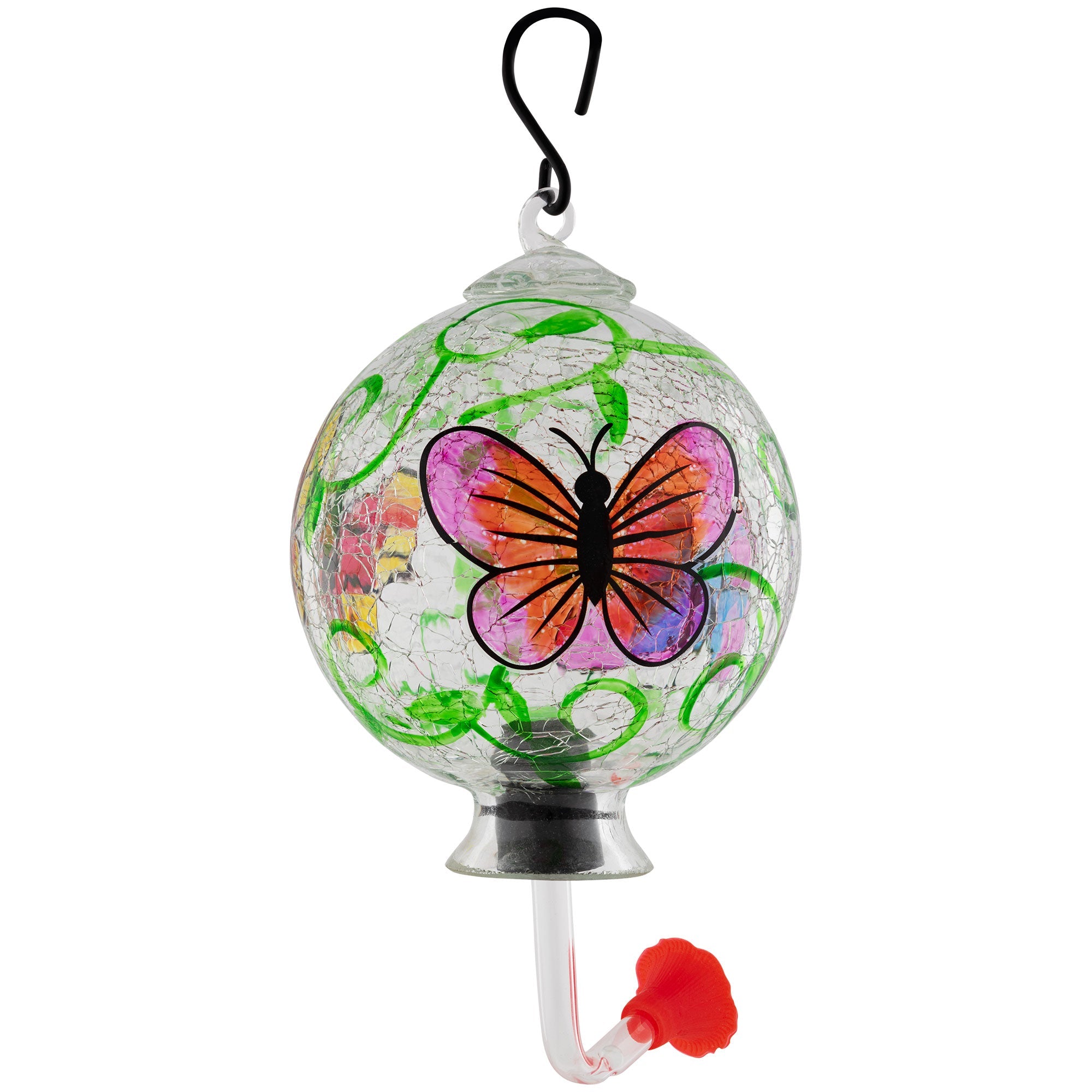Hanging hand-painted glass hummingbird feeder with pink-and-orange butterfly and green vines