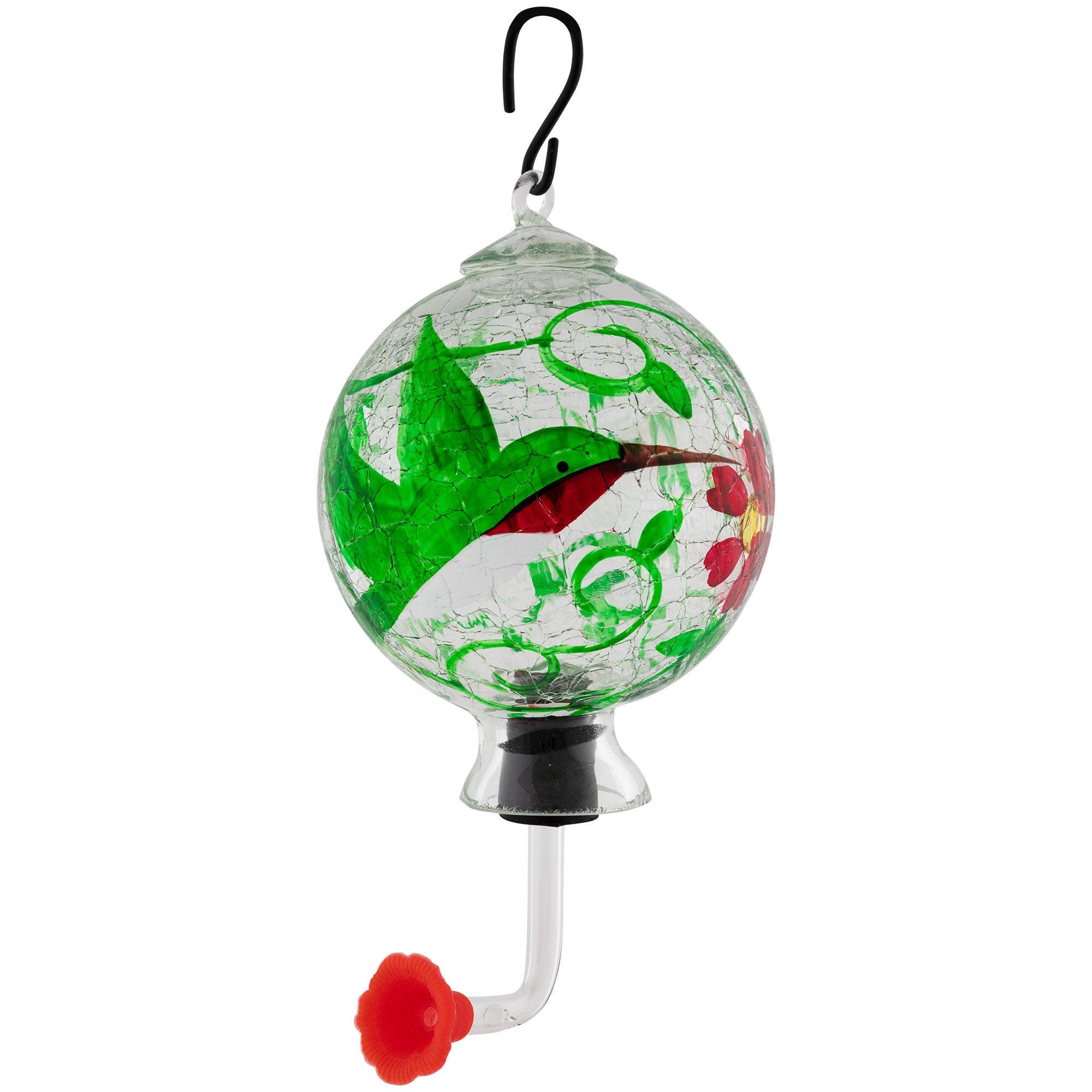 Hand-painted glass hummingbird feeder globe with green vines, red accents, black base