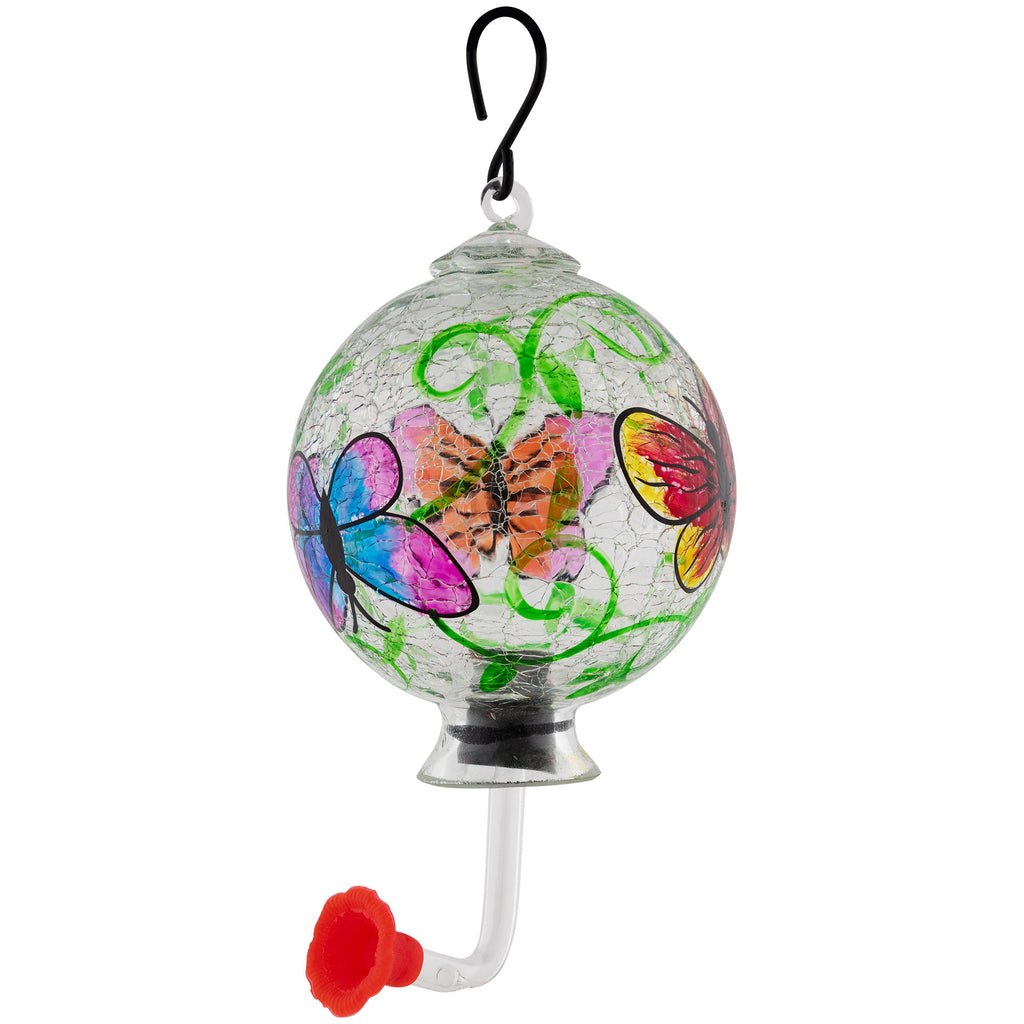 Hanging hand-painted glass hummingbird feeder with orange butterfly and colorful accents