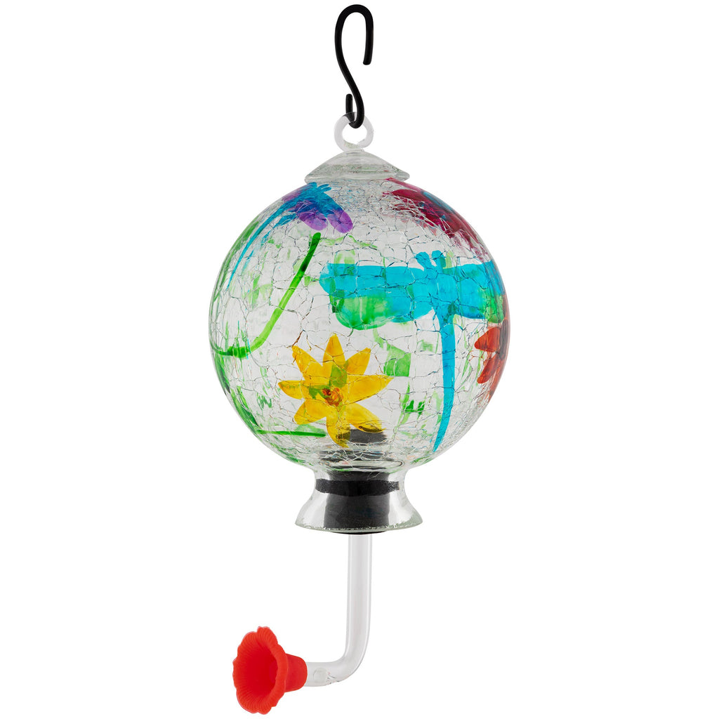 Hanging hand-painted glass hummingbird feeder with yellow star flower design