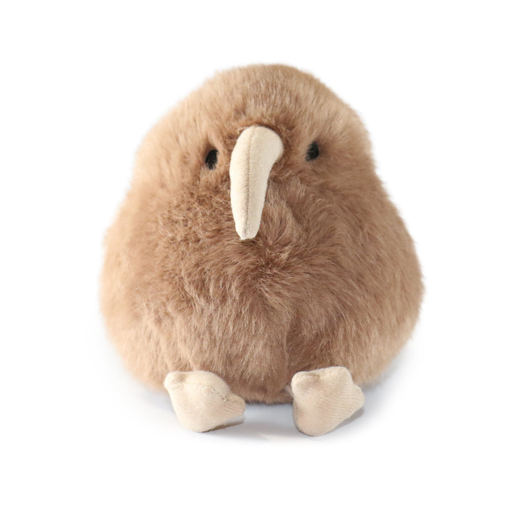 Brown kiwi bird plush with white beak and small fabric feet, front view