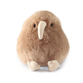 Brown kiwi bird plush with white beak and small fabric feet, front view