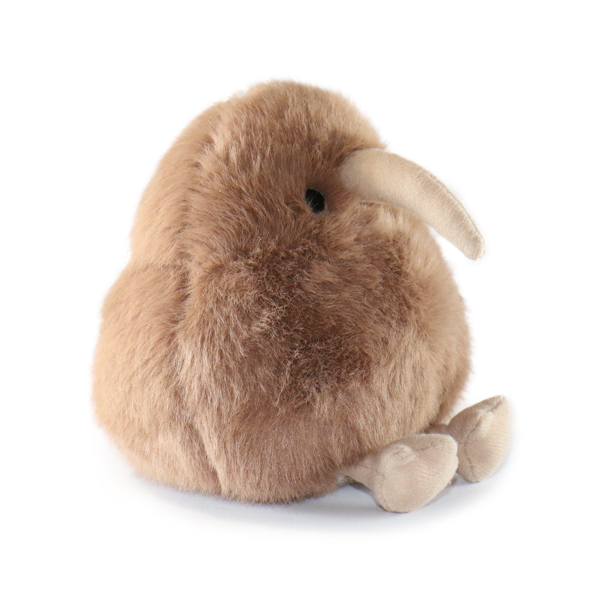 Brown kiwi bird plush, side view with white beak and tucked paws