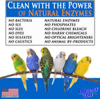 Bird cage cleaner bottle with natural enzymes benefits and bird perches graphic on label.