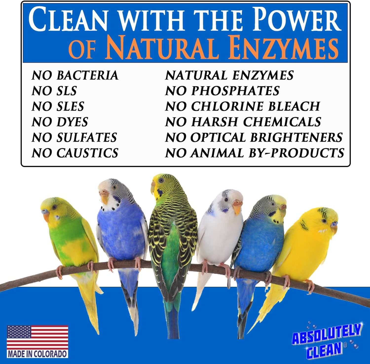 Bird cage cleaner bottle with natural enzymes benefits and bird perches graphic on label.