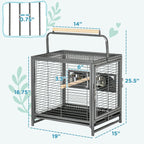 Black wrought iron bird travel carrier with front and side doors and two interior perches