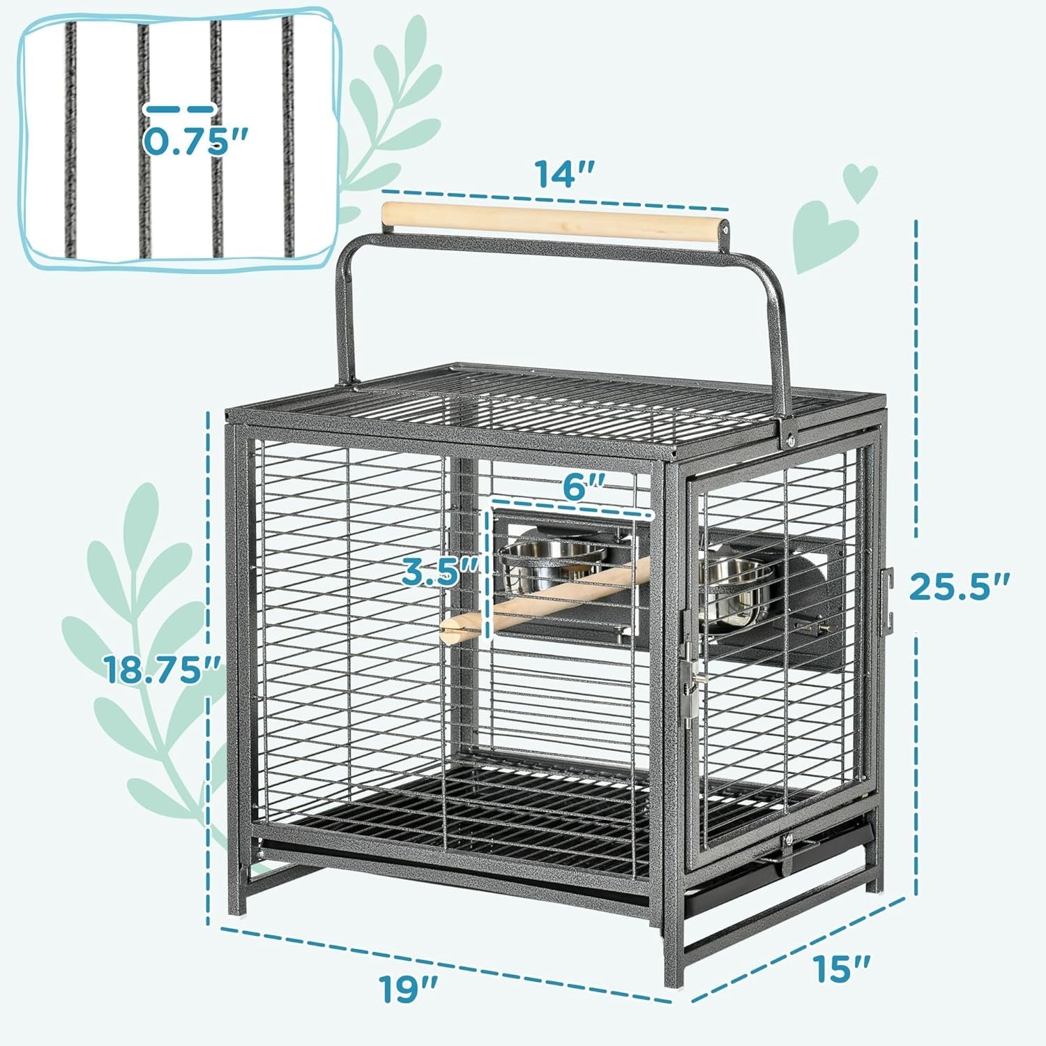 Black wrought iron bird travel carrier with front and side doors and two interior perches