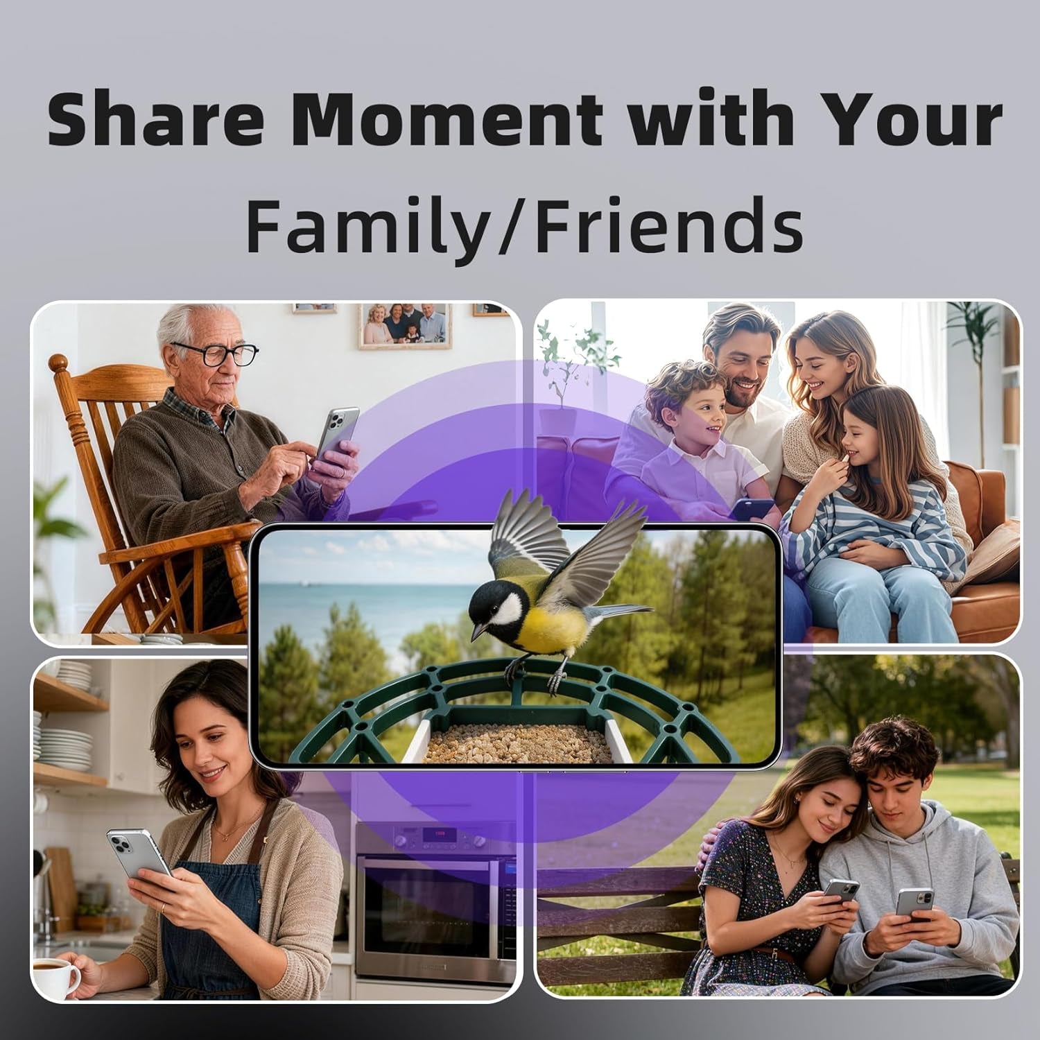Green bird feeder camera with family using smartphones to watch the feeder