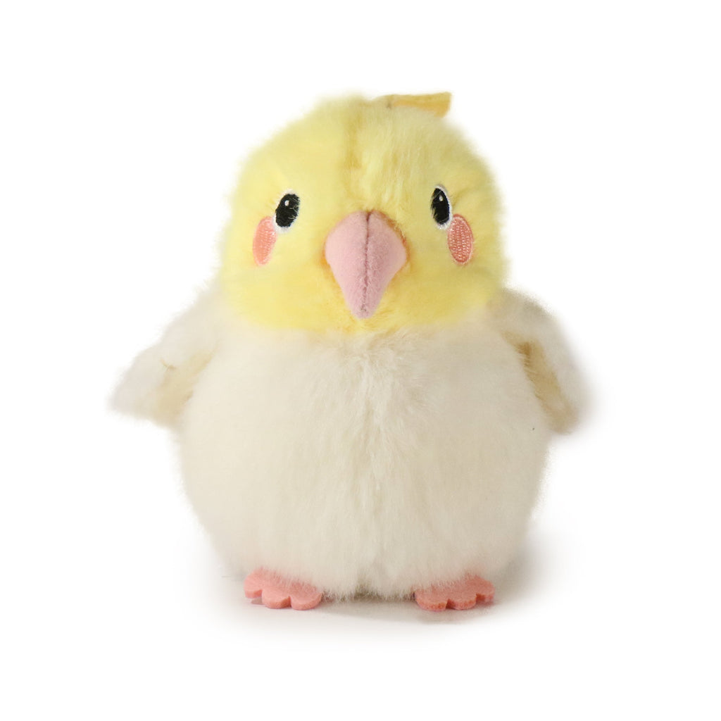 Yellow and white cockatiel mini plush with pink beak and fuzzy wings
