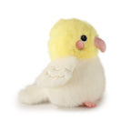 Plush toy parakeet with yellow head and white body on a white background