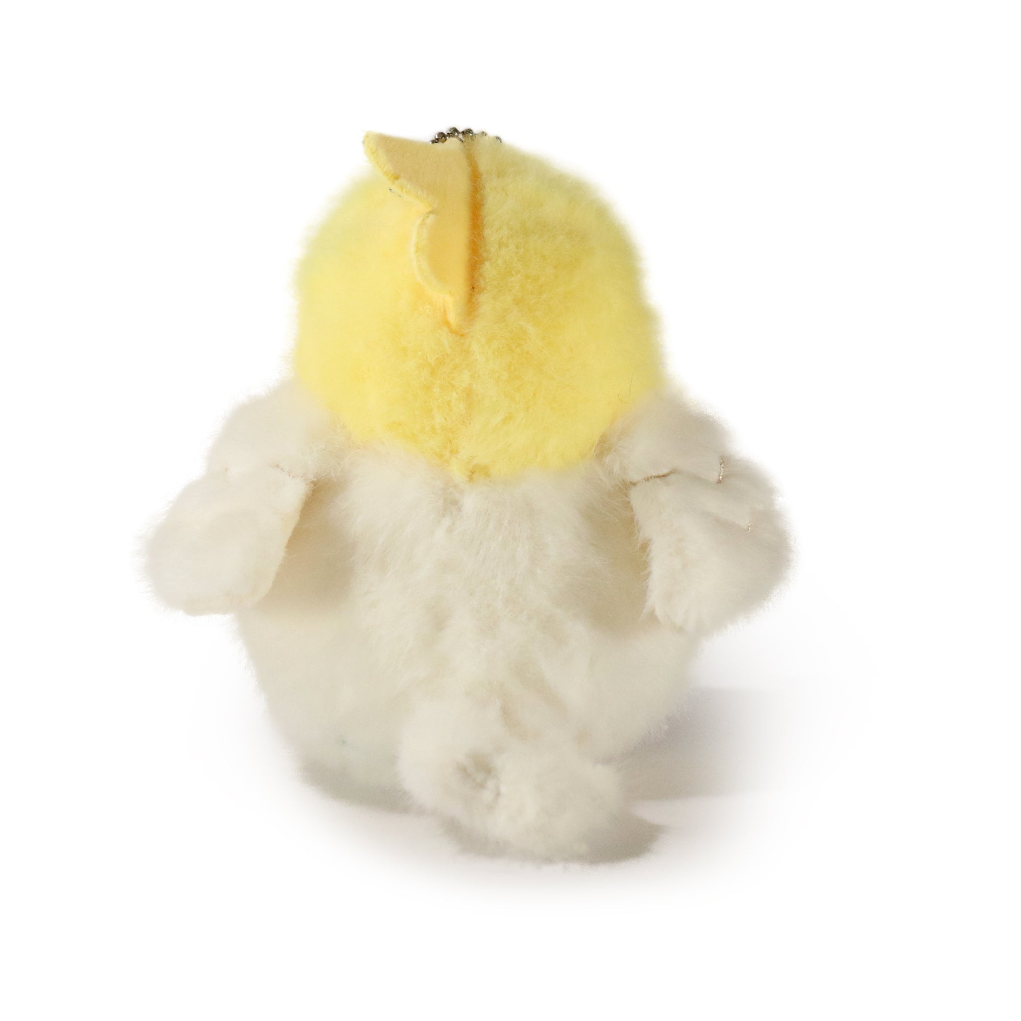 Back view yellow cockatiel mini plush with fluffy white body and short tail