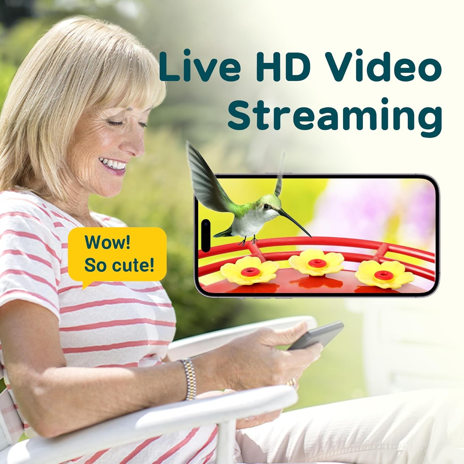 Red hummingbird feeder with solar camera and screen inset for live HD video streaming