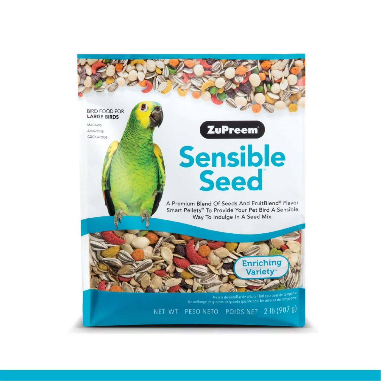 ZuPreem Sensible Seed bird food bag for large birds, featuring a green parrot illustration