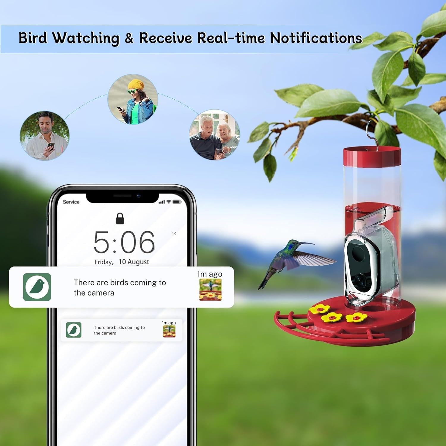 Red hummingbird feeder with solar camera beside a phone showing bird notifications
