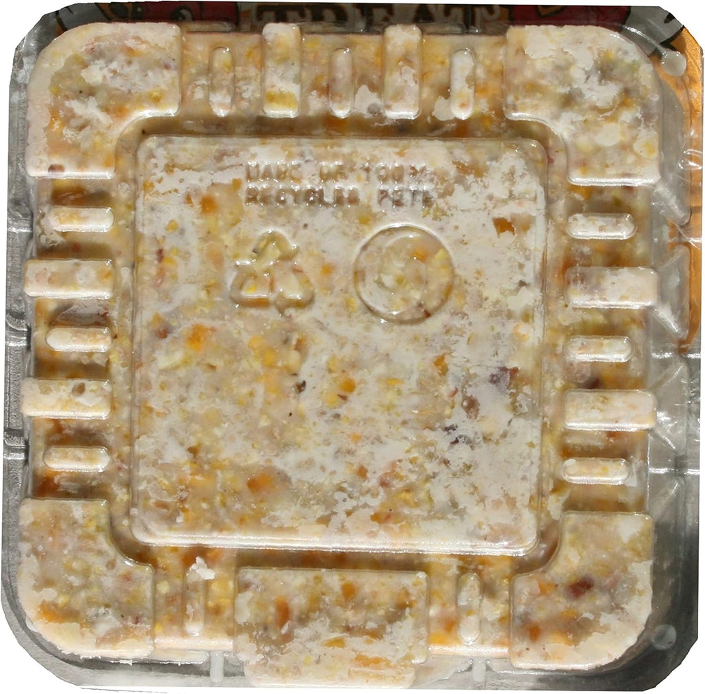 Square wild bird suet cake in plastic tray, textured golden-brown surface