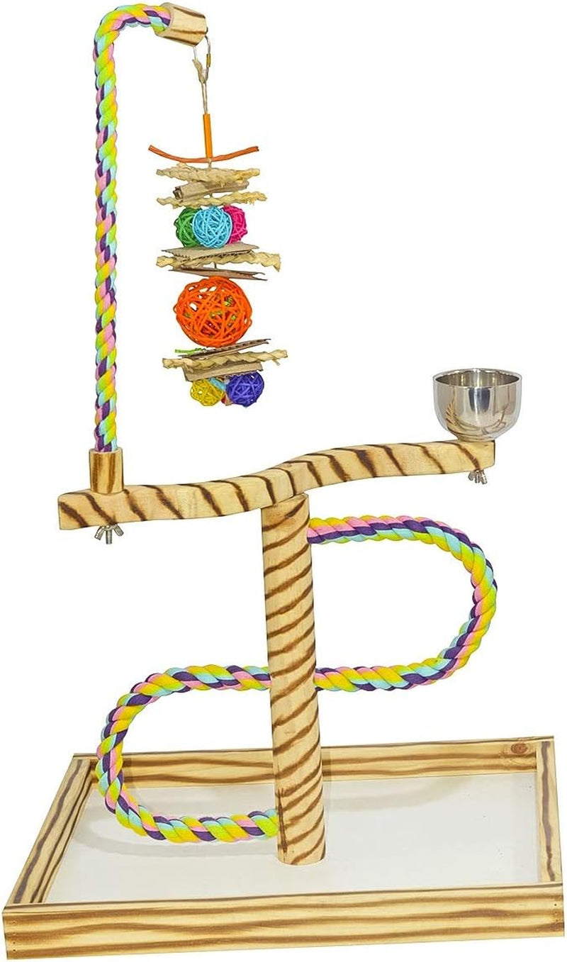 Wooden tabletop bird playgym with multi-perch toy vine and stainless steel cup