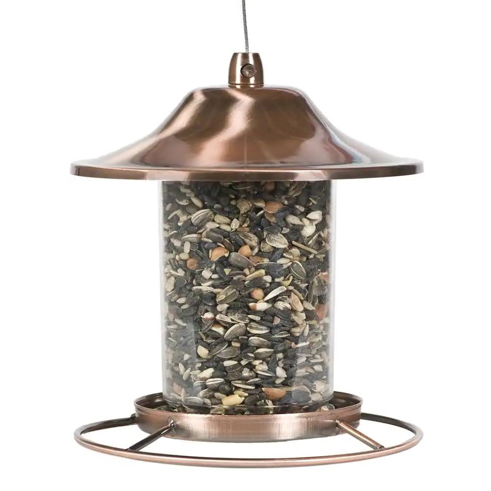 Hanging panorama seed bird feeder with copper metal roof, clear cylinder, and ring base